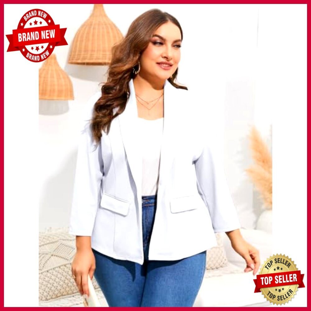 Plus Size Open Front Blazer with Pockets, Polyester Spandex, Work Office Casual - Picture 2 of 6